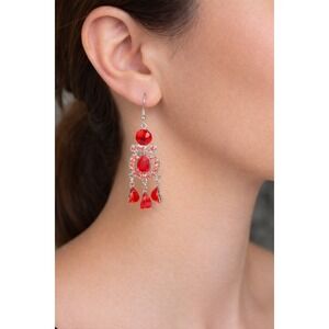 Vintage Red Rhinestone Drop Earrings Silver Tone Dangle Statement Jewelry